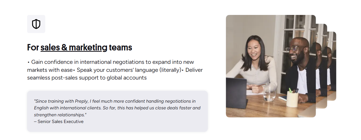 Preply Advantages for Business showing key benefits like flexible scheduling and progress tracking
