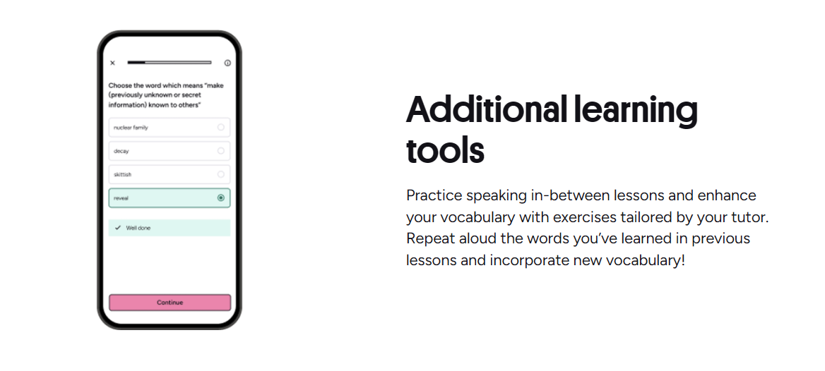 Preply app learning interface showing exercise categories