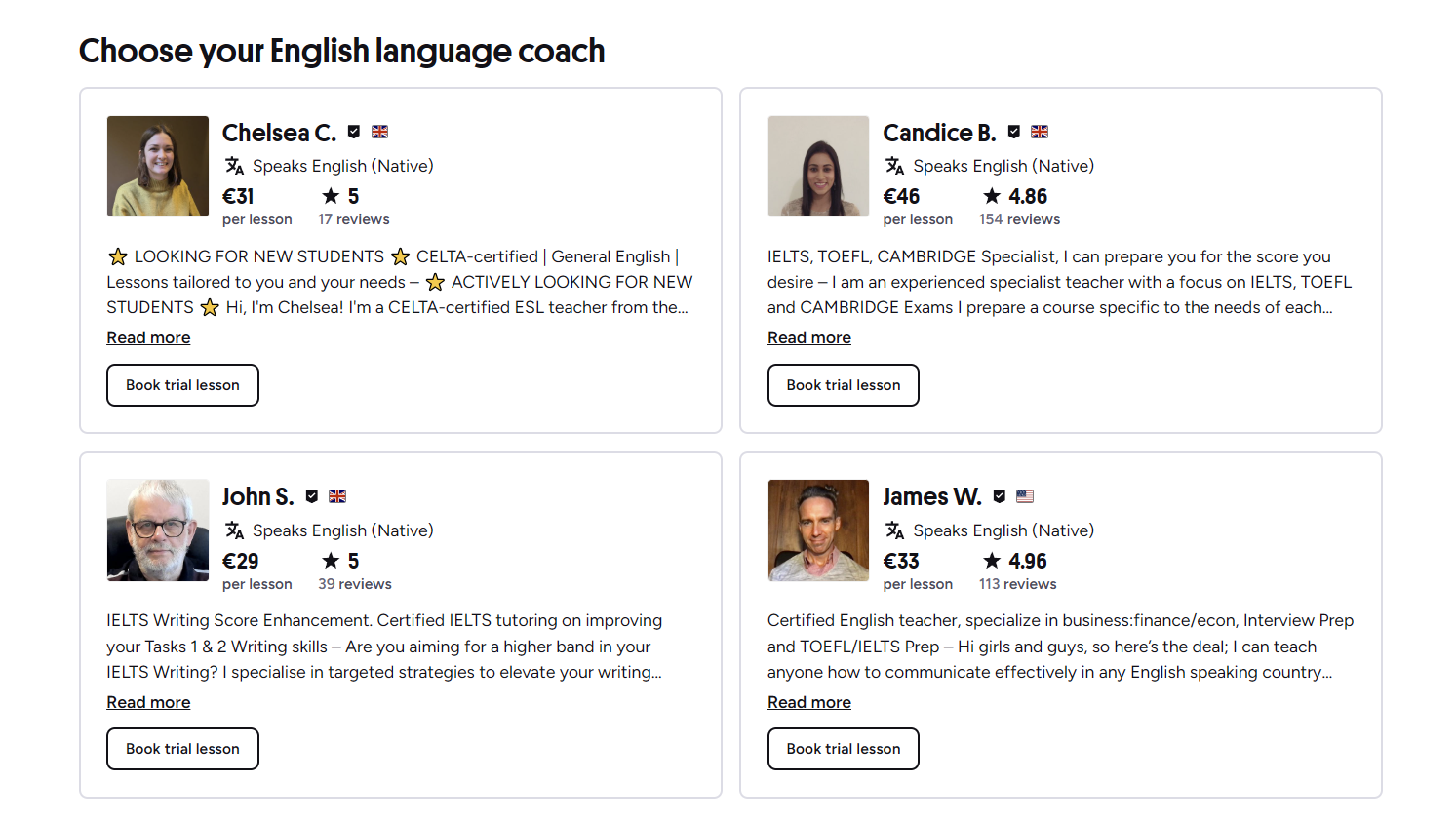 Screenshot of Preply tutor search interface with filters and tutor cards