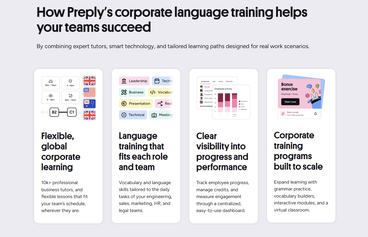 Preply Corporate Learning interface showing tutor matching and business-focused curriculum