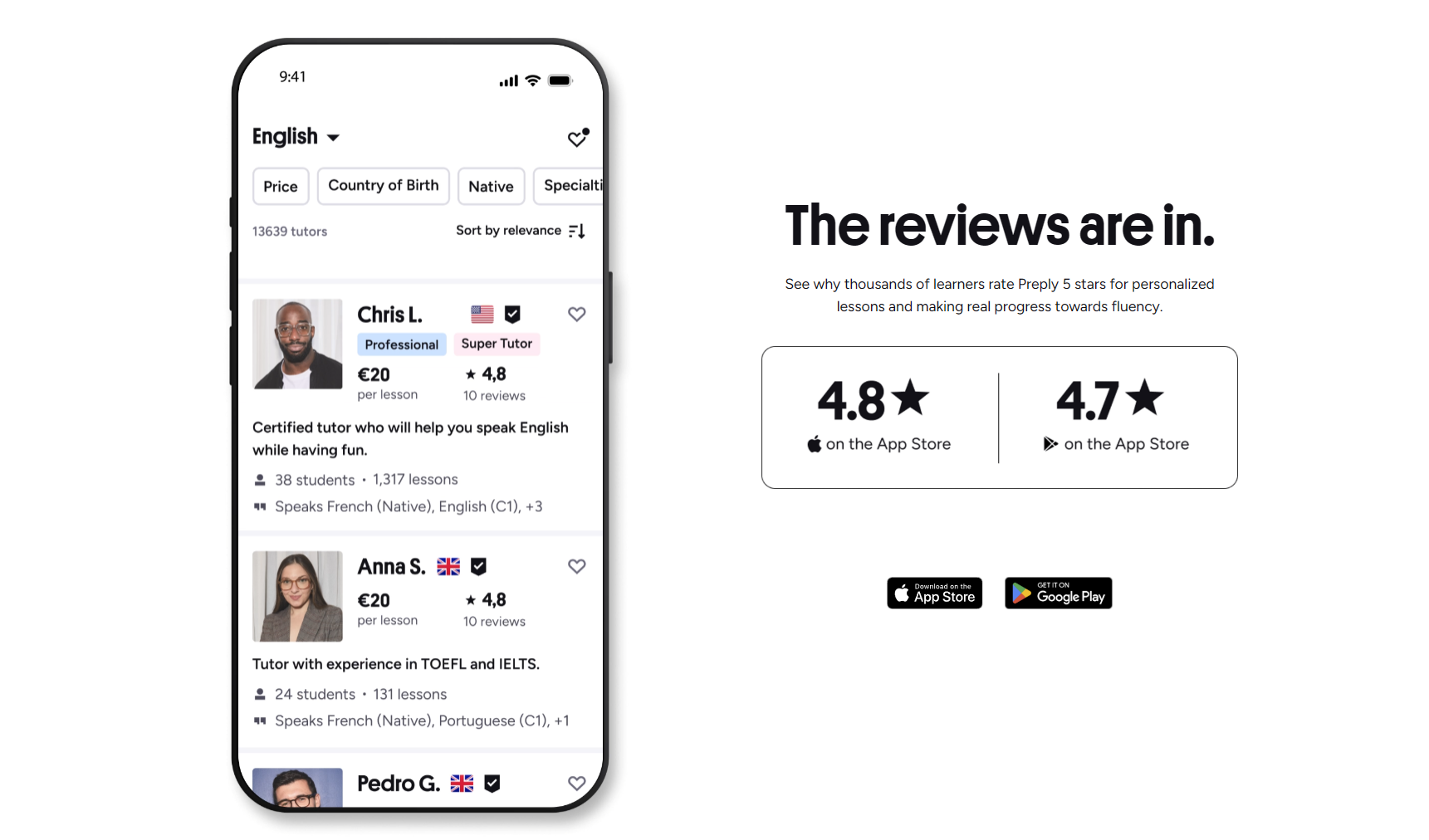 Preply find tutor in the app showing mobile search interface