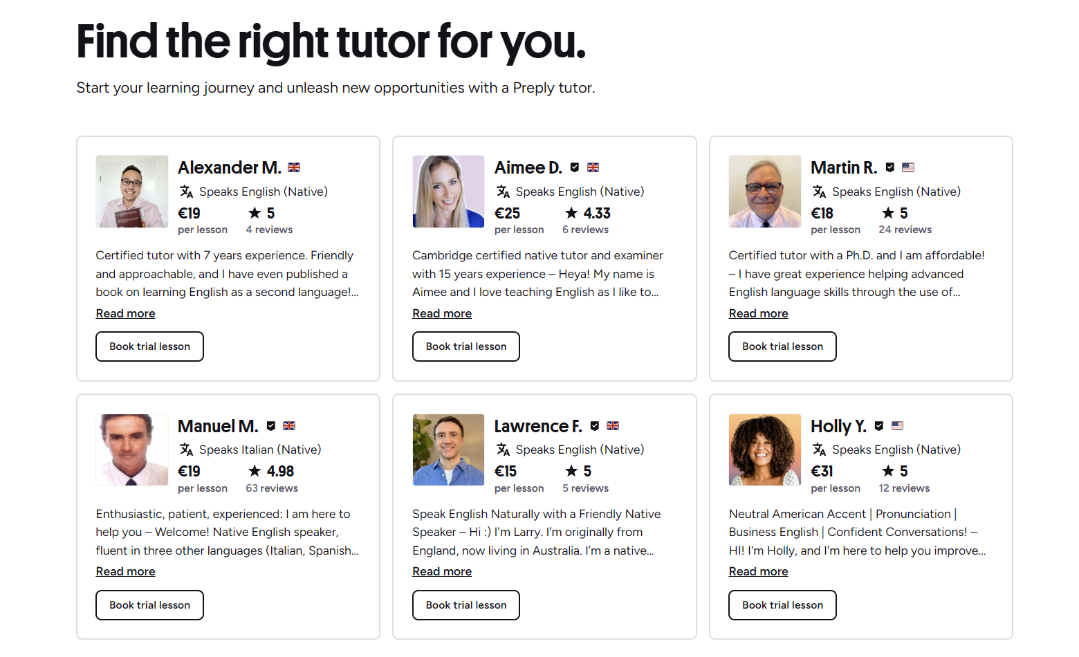 Screenshot of Preply tutor search results with filters applied