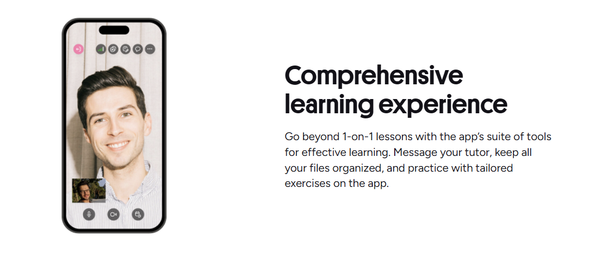 Preply app learning interface with video classroom and whiteboard tools
