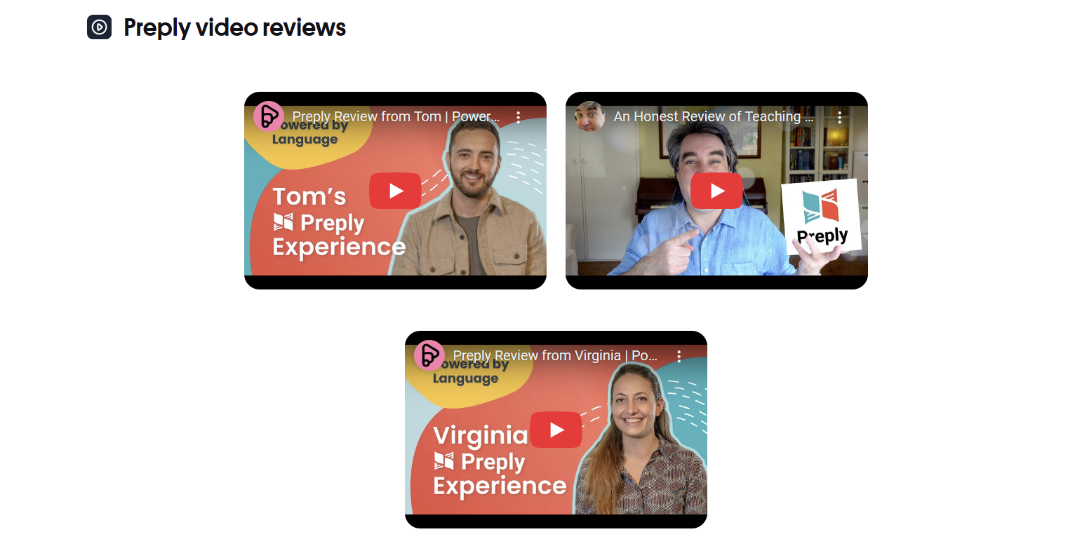 Video testimonials from Preply students showing diverse learners and language goals