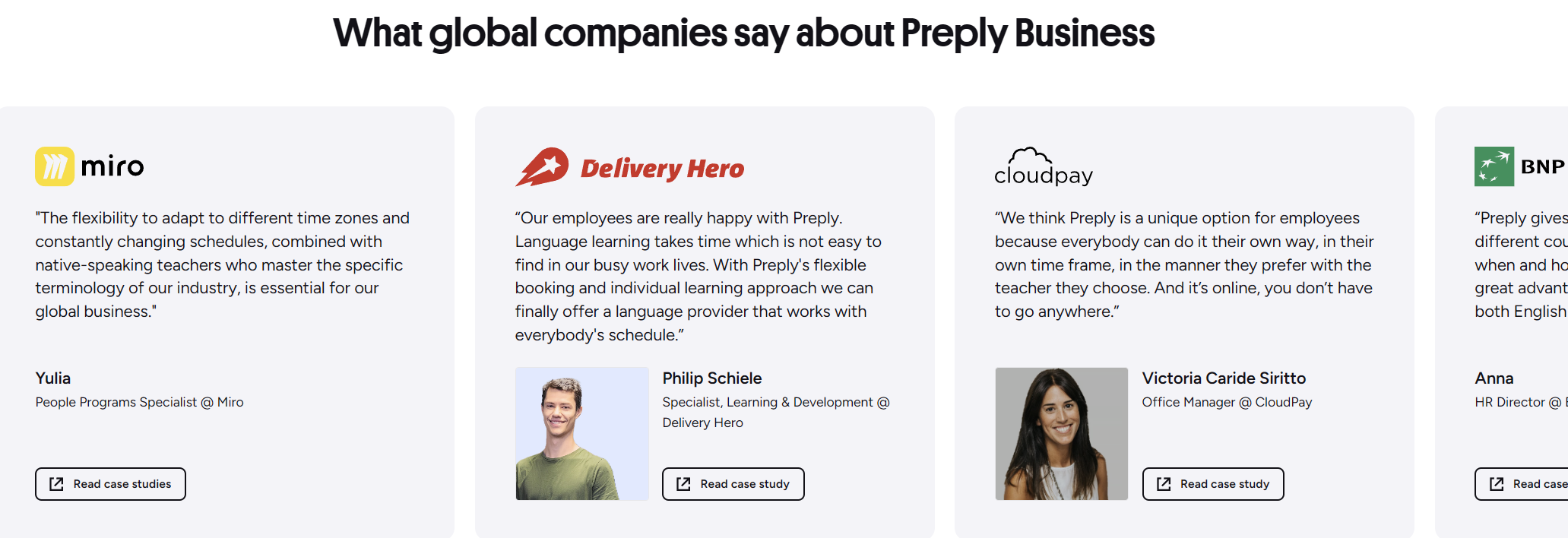Preply business reviews showing company logos and testimonial quotes