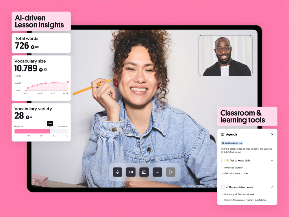 Screenshot of a live Preply lesson with video, whiteboard, and chat visible